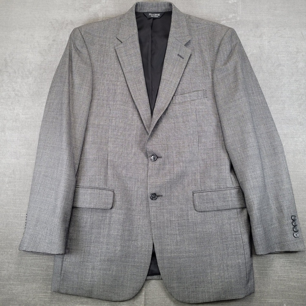 Jos A Bank Mens 41L Traveler Collection Tailored Fit Wool Blazer Grey Plaid